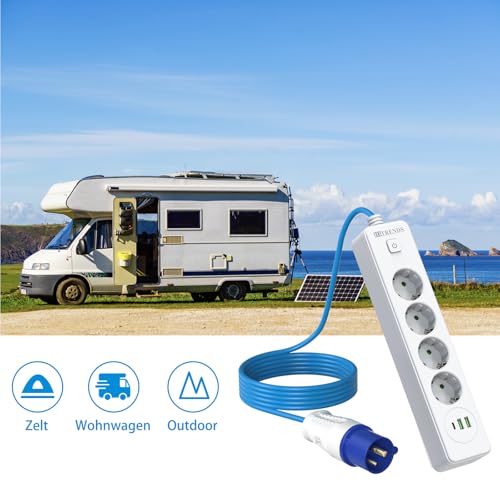 CEE-Adapterleitung 2500W mit 4-Fach Steckdose & USB 2U1C – 5m Camping Kabel (3x1.5mm², blaues Flexkabel) – Für Camping, Küche, Wohnwagen, Zelt – Weiß – Inkl. CEE-Stecker & Schutzkontakt-Kupplung