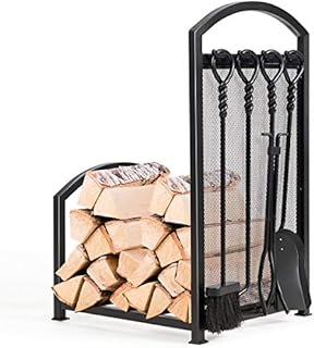 COSTWAY Fireplace Log Rack with Tong, Brush, Shovel and Poker, Iron Fireside Companion Set Firewood Storage Log Holder for Indoor Outdoor