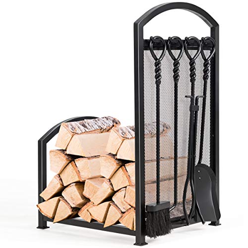 COSTWAY Fireplace Log Rack with Tong, Brush, Shovel and Poker, Iron Fireside Companion Set Firewood Storage Log Holder for Indoor Outdoor (with holder)