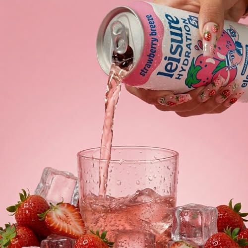 Image of Leisure Hydration Non-Carbonated Electrolyte Refresher, Strawberry Breeze - Low Sugar Nutrient Enhanced Water Beverage - Get The Best Hydration Packed w / Magnesium & Ashwagandha For Mood & Stress Support, Non-GMO, 16 oz (12-Cans)
