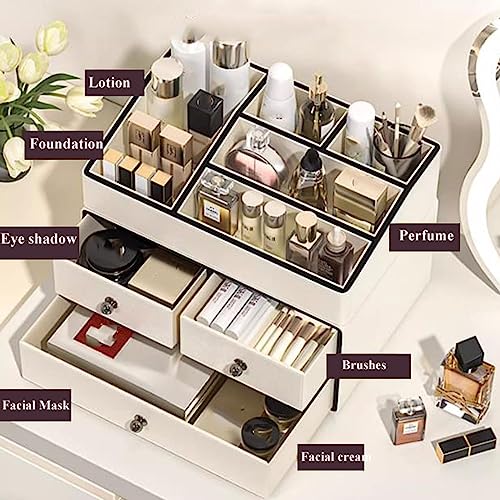 Cosmetic Display Cases Makeup Organizer Large Cosmetic Skincare Holder Display Storage Box, Bathroom Dresser Desk Office Storage Organizer with 3 Drawers and 5 Compartments Cosmetic Storage Box