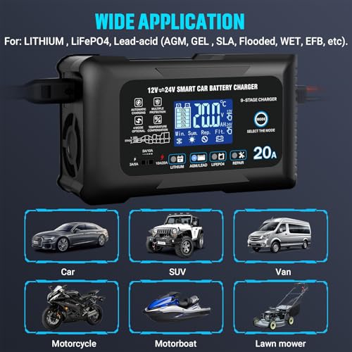 Image of 20Amp: 12 /24V Smart Car Battery Charger - Automatic Maintainer, Trickle Charger & Desulfator with Overcharge Protection & Temperature Compensation - for Lead-Acid & Lithium & LiFePO4 Batteries
