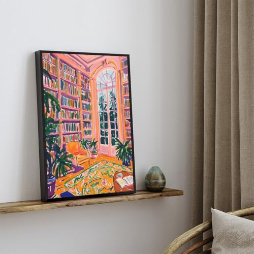 Image of Henri Matisse Canvas Wall Art, Classic Pink Library Poster for Room Aesthetic, Retro Reading Book Wall Art, Bookish Literary Artwork, Famous Art Prints for Booknook 16x24in Framed