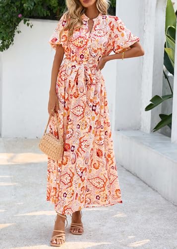 Image of KIRUNDO Women Spring Summer Wedding Guest Boho Floral Maxi Dress Puff Sleeve Button Shirt V Neck Flowy Beach Vacation Dress