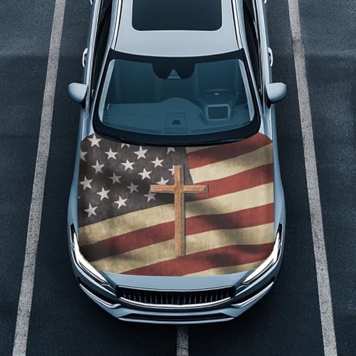 Image of American Cross Car Hood Cover Polyester Elastic Fabrics Washable Suitable for Large SUV and Pickup Trucks 39x59in