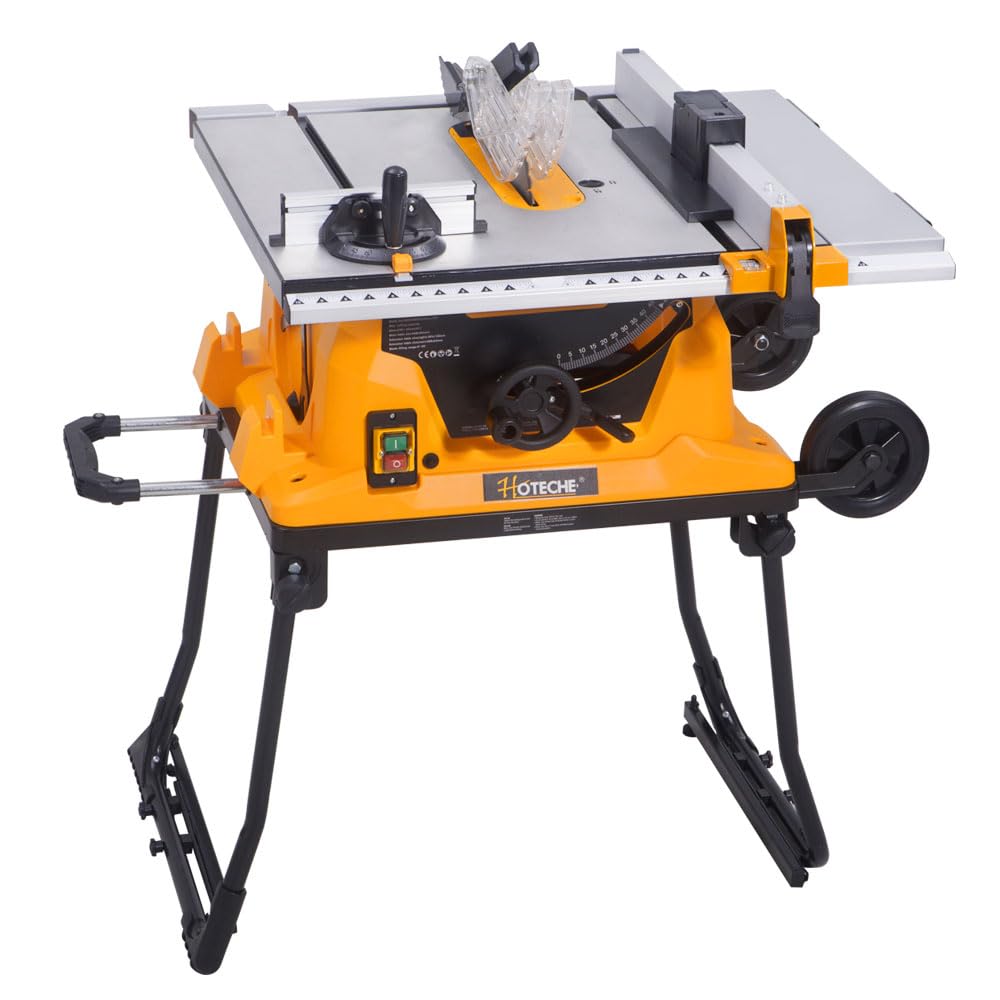 Hoteche Stołowa pilarka tarczowa 1500 W, 254 mm, 4500 obr./min, aluminiowa płyta robocza 608 x 585 mm, głębokość cięcia 80 mm (90°), 55 mm (45°), z pomocą do przesuwania i stołami przedłużającymi