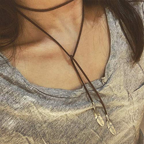 Doubnine Boho Feather Choker Wrap Versatile Necklace Vegan Suede Lariat Gothic Brown Black Accessories for Women (brown cord + bronze feather)3