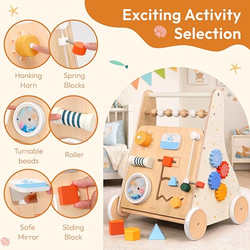 Image of Wooden Baby Walker Toddler Push Walker with Activity Center | Push Toys with Montessori Toys for 1 Year Old with Baby Activity Center 12-36 Months Learning to Walk
