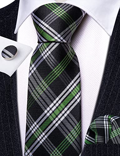 Image of Barry.Wang Plaid Ties for Men Silk Necktie Handkerchief Cuff Links Set