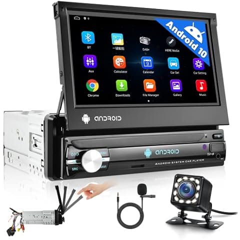 Hikity Single Din Android 10 Car Stereo 7 Inch Manual Flip Out Touch Screen Bluetooth Car Radio with Sat Nav Mirror Link WIFI GPS FM RDS SWC USB+External Microphone+Reverse Camera Cover