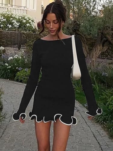 Image of Cicy Bell Womens Ruffle Long Sleeve Mini Dress Bodycon Boat Neck Ribbed Knit Sweater Dresses Elegant Outfits