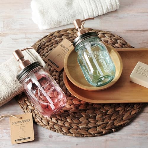 Image of Amolliar Mason Jar Liquid Soap Dispenser, Lotion Dispenser, Copper 2 Pack | 16OZ Glass Soap Dispenser, Stainless Steel Soap Pump Lid, Farmhouse Decor, Refillable Hand Dish Soap for Bathroom Kitchen