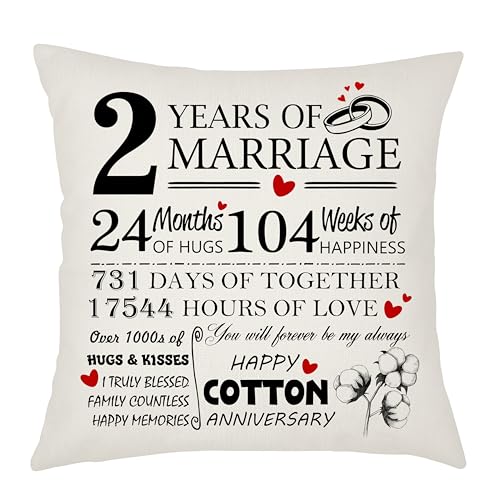 2nd Anniversary Cushion Cover Gift for Wife Husband Pillow Case 2nd Weddding Anniversary Keepsake Present 2 Years of Marriage Gift Cotton anniversary Cushion Cover 45x45cm (2 Years of Marriage)