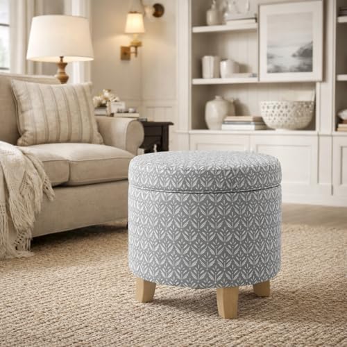 Image of HomePop Upholstered Round Storage Ottoman Home Decor|Upholstered Round Foot Rest Ottoman - Light Grey Print Large