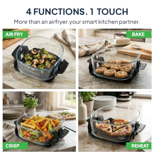 Image of CELLO Airmate Modular Air Fryer with 5MM Borosilicate Glass Bowl 4L | 90% Less Fat Cooking, 1500W High Speed 360 Air Wave Technology | For Fry Bake Crisp Keep Warm, Cook Serve Store, Dishwasher Safe