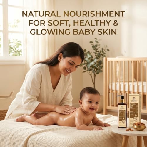 Image of Ayurvedic Baby Massage Oil 200ml | Natural Newborn Body Oil with Sandalwood, Badam & Manjishta | Daily Baby Skin Care | Soft, Moisturising & Nourishing Pack of 3