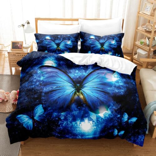Parure de lit 240 x 260 cm avec housse de couette papillon bleu marine et taies