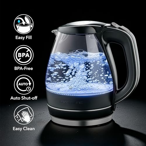 Image of OVENTE Electric Kettle, 1.5L Borosilicate Glass Countertop Water Heater and Boiler for Coffee or Tea, BPA-Free, Auto Shut-Off, Boil-Dry Protection, Removable and Washable Spout Filter, Black KG83B