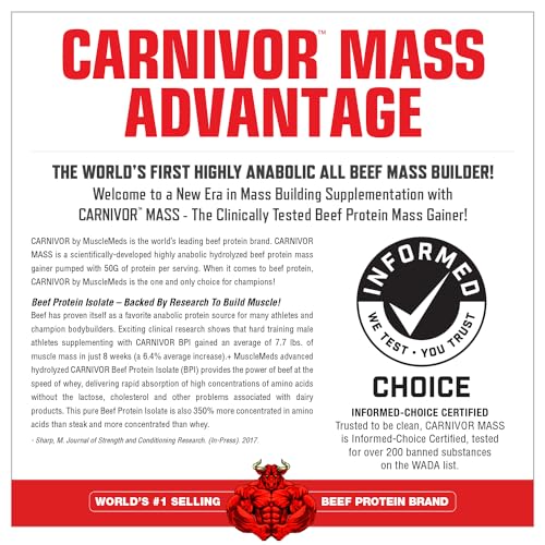 Image of MuscleMeds CARNIVOR Mass Gainer Beef Protein Isolate Shake, 50 Grams Protein, 125 Grams Carbs, 0 Fat, 0 Sugar, Lactose Free, Chocolate Fudge, 5 Pound