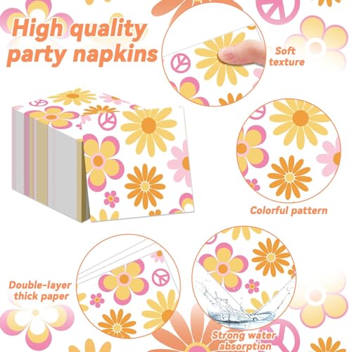 Image of 96 Pcs Groovy Party Supplies for 24 Guests Retro Hippie Boho Tableware Plates Napkins Daisy Flower Birthday Dinnerware Table Decorations Retro Hippie Daisy Party Favor for Kitchen Dinning Home Decor