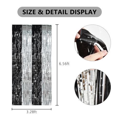 Image of TONIFUL Silver Black Door Streamers,Silver and Black Photo Booth Backdrop Metallic Streamers Foil Fringe Curtain for Birthday,New Year,Graduation,Grad,Bachelorette Party Streamers Decoration