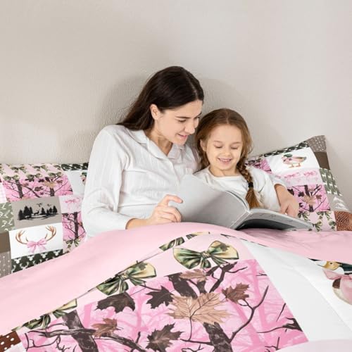 Image of Feelyou Hunting Pink Girls Bedding Set Twin Size,Mallard Duck Pink Bow Comforter Set for Kids Teens Room Camo Decor Farmhouse Rustic Bed Set