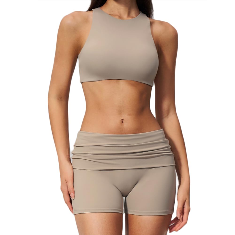 JPXJGT Yoga Set Form-Fitting Back-Highlighting Quick-Dry 2-Piece Yoga Fitness Outfit for Women(Size:S,Color:Light brown)