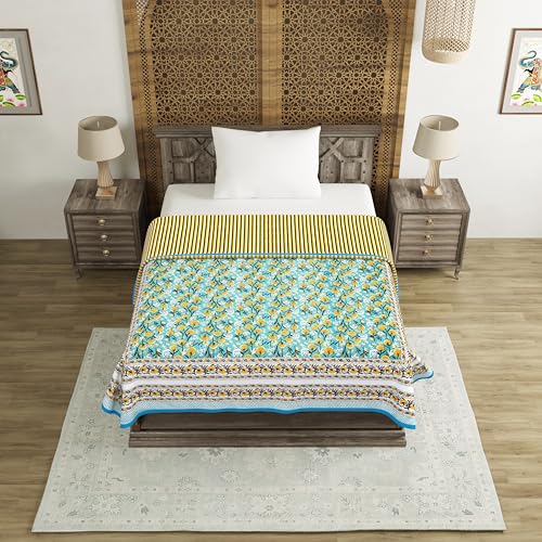 Image of BLOCKS OF INDIA Hand Block Printed Cotton Single Size Reversible Malmal Dohar for Summer (Blue GAD BUTI)