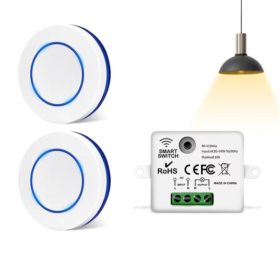 Interruptor de Luz Inalámbrico RF 433MHz 10A | Mini Receptor 220V/110V + 2 Mandos a Distancia | Control Remoto para Lámparas LED | Panel Redondo 50mm