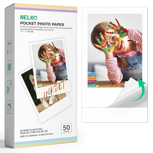 Nelko 52.3x90mm (2.06″x3.54″) Premium Photo Paper, 50-Pack Genuine PP01 Pocket Printer Paper, Sticky Back Picture Paper, Compat…