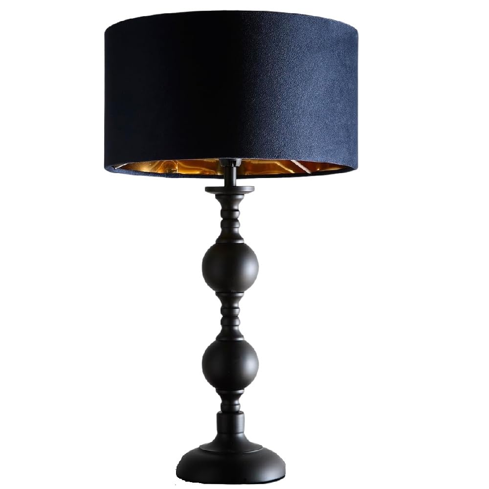 Britalia Black Metal Table Lamp, Navy Blue Velvet Shade, 46cm Height, Gold Inner Lining