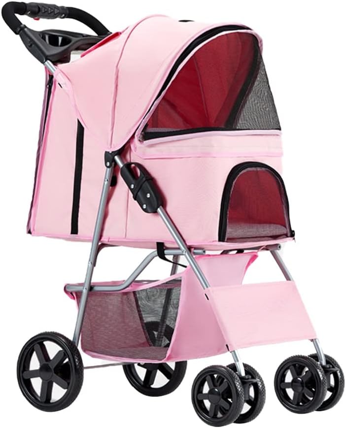 Dog and Cat Stroller Folding Cart Premium Dog Strollers Cat Carriage Pushchair with Cup Holder, Pet Travel Pram Lightweight Pet Dog Stroller for Small Medium Dogs & Cats (Pink)