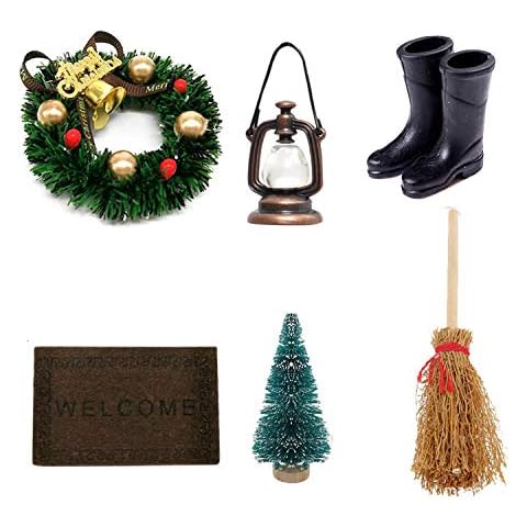 witgift Puppenhaus Zubehör Miniatur Vintage Öllampe Weihnachtskranz Teppichdecke Schuhe Kehrbesen Baum Möbel Deko Mini Ornament Fairy Puppenstube Mikro Landschaft Cover