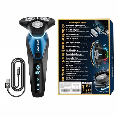 Image of MENHOOD Pro Shaver for Men 3D HexBlade Rotary Electric Shaver Nano Cut Precision Wet Dry 100% Waterproof Adaptive Motor 3 Modes 120 Min Runtime MagConnect Head LED Display