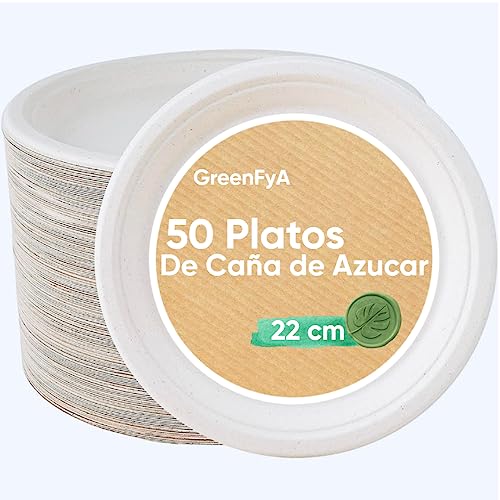 GreenFyA Platos Desechables de Caña de Azúcar Resistentes, 100% Biodegradables (50, 22cm.)