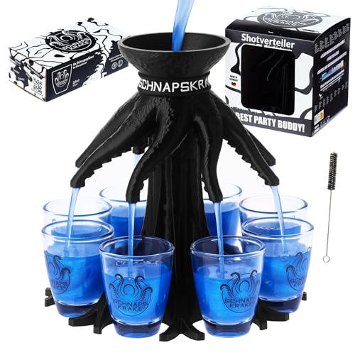 Schnapskrake - Das Original - Getränkeverteiler für 8 Personen - 40 Geburtstag Geschenk - Bar Butler - Ausgiesser - Einschenker (schwarz inkl. Gläser)