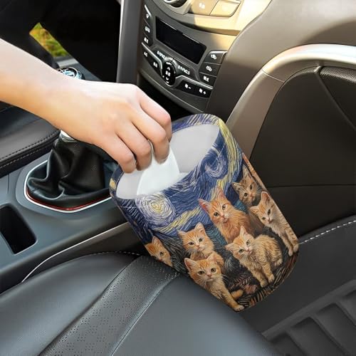 Image of Cat Van Gogh Car Trash Bag Hanging, Car Rubbish Bag Cute, Portable, Collapsible Back Seat, Floor, or Hanging Headrest Waste Basket Car Garbage Accessory