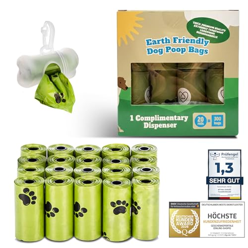 BI0 Hundekotbeutel mit Spender Kompostierbare Kotbeutel für Hunde mit Hundekotbeutelspender 100% Biologisch abbaubare Hundebeutel mit Leinen Halter (300 Beutel: 20 Rollen + 1 Spender)
