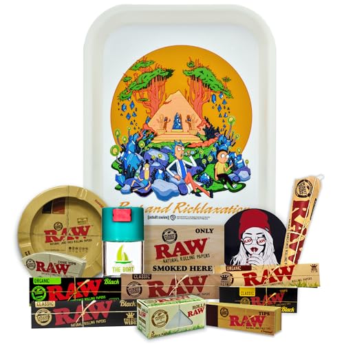 Regalo para fumadores Bandeja para liar oficial Rick y Morty 25 x 19cm + Cenicero RAW + Bote Antiolor THE BOAT + Papel Raw Organic, Black y Clasic King Size + Tips + Cono + Pegatinas