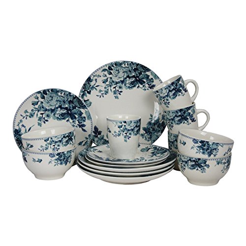 Elama Traditional Round Stoneware Colored Pattern Dinnerware Dish Set, 16 Piece, White