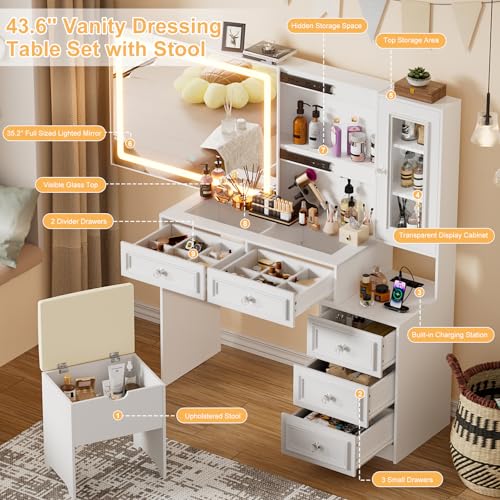 Image of Vanity Desk with Mirror and Lights, Makeup Vanity Set with 5 Storage Drawers,Power Outlet,Small Dressing Table with Lights 3 Colors,Transparent Top Vanity with Jewelry Organizer for Bedroom,White