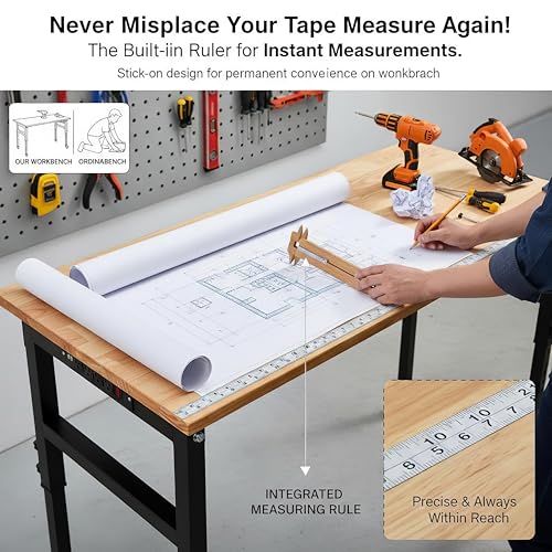 Image of 48 inch Adjustable Workbench, 8-Level Height Adjustable Rolling Work Table with Casters & Scale, Sit & Stand 2-in-1 Garage Tool Table with Pegboard & Hooks, for Workshop, Warehouse, DIY Projects
