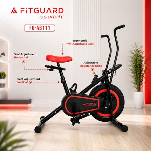 Image of FITGUARD FG-AB 111 By STAYFIT Dual Action Air Bike /Exercise Bike for Home |Gym Cycle for Workout With Adjustable Cushioned Seat | Non-Slip Pedals | Moving Handles Black Gym Bike, Max user weight 120 KG (Red, Black)