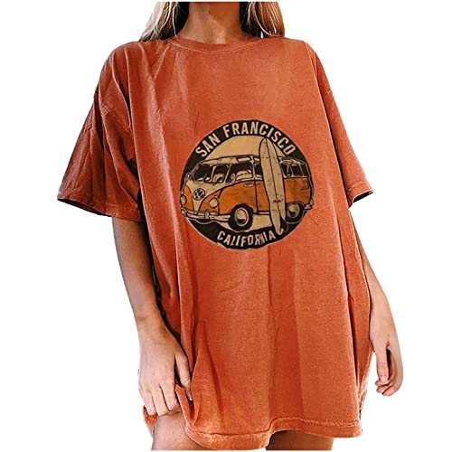 Sobeikre San Francisco - Vintage Oversized T-Shirt For Women Pullover Short Sleeve Shirt Drop Shoulder Tshirt Baggy Tunic Party Women Scrub California 1980S Sf 80S 1980 Car I99-Orange #TOP2