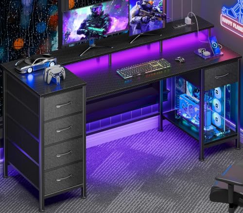 Image of Korfile 55 Inch Gaming Desk with Power Outlets and LED Lights, Reversible Computer Desk with 5 Fabric Storage Drawers, Home Office Desk with Monitor Stand for Working Writing Study, Carbon Fiber Black