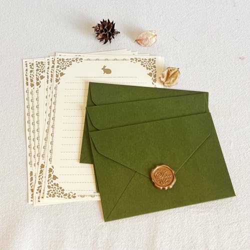 レターセット てがみ シンプル ビンテージペーパー プロポーズ用手紙 ラブレター 便箋と封筒 ヴィンテージ風手紙セット - ラブレター メッセージ カード ギルト (深緑)