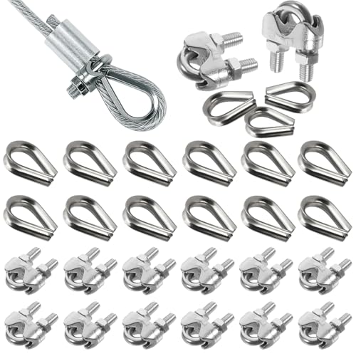 Prmape 24 Pièce Serre Cable Inox, 12pcsSerre Cable Acier 4mm+12pcs M4 Cosses de Câble Metallique, U Boulon Clip de Câble Métalliques pour Câble...