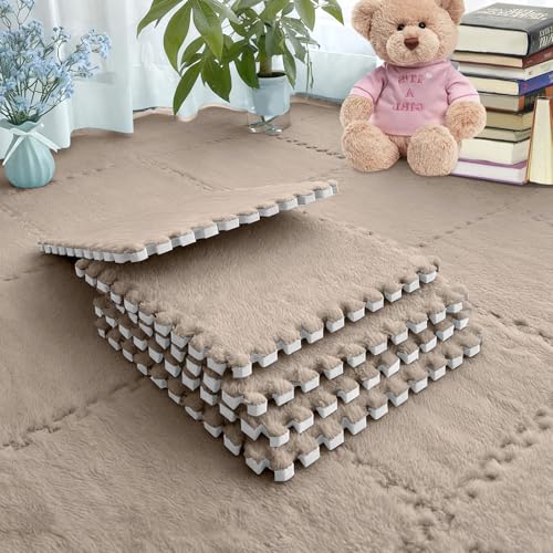 Alfombrillas de espuma de felpa entrelazadas, color marrón claro, 12 unidades de baldosas entrelazables de 30 x 30 cm, suave alfombra de suelo de EVA para salón, dormitorio y sala de juegos