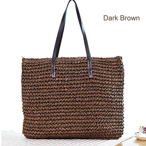 FANMURAN Bolso de playa de verano para mujer Tejido de ratán Hecho a mano Paja de punto Bolso grande Señora Capacidad Totalizadores Bolso de cuero Marrón oscuro