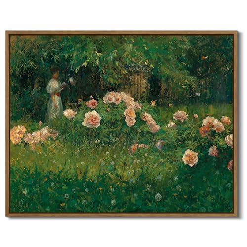 Nature Landscape Oil Painting Woman Reading Book in Rose Garden Canvas Wall Art Prints Spring Pictures Wall Decor Framed Flower Plants Artwork Ready to Hang for Farmhouse Bedroom Living Room 8x10 Inch